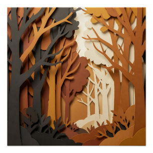 Layered Paper Cut Autumn Forest Scene Poster