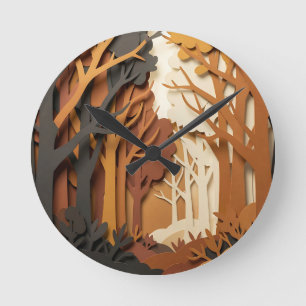 Layered Paper Cut Autumn Forest Scene Round Clock
