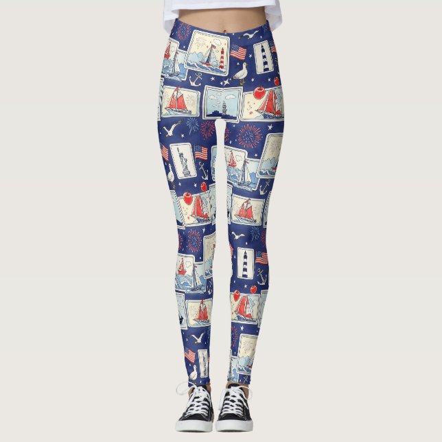 Layered Patriotic Paper Cut Tile Pattern (1) Leggings (Front)