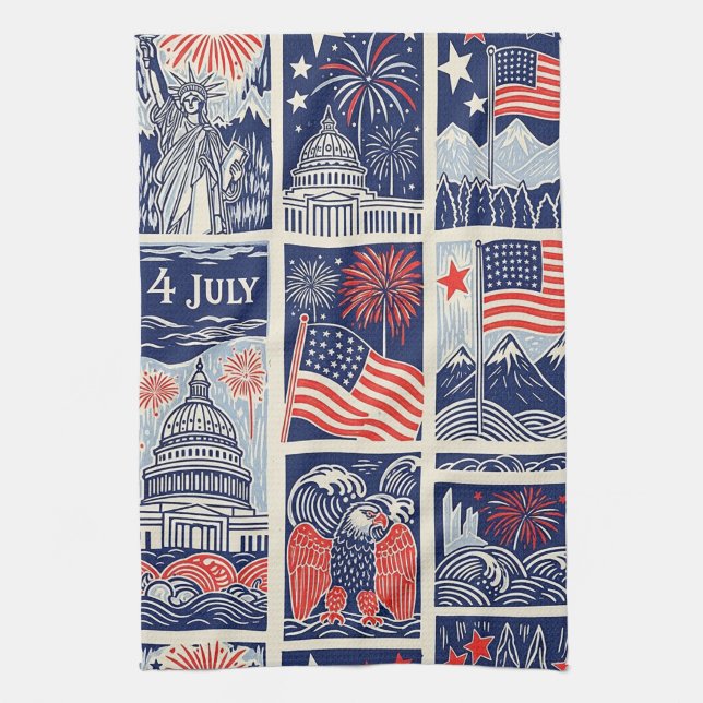 Layered Patriotic Paper Cut Tile Pattern (1) Tea Towel (Vertical)
