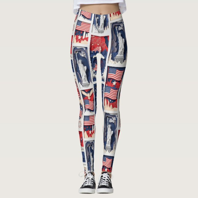 Layered Patriotic Paper Cut Tile Pattern (4) Leggings (Front)