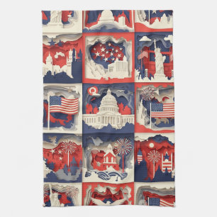 Layered Patriotic Paper Cut Tile Pattern (4) Tea Towel