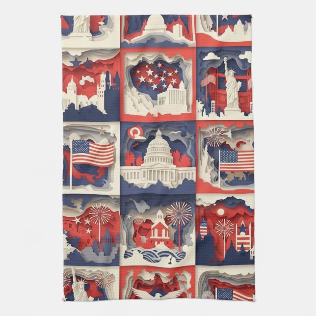 Layered Patriotic Paper Cut Tile Pattern (4) Tea Towel (Vertical)