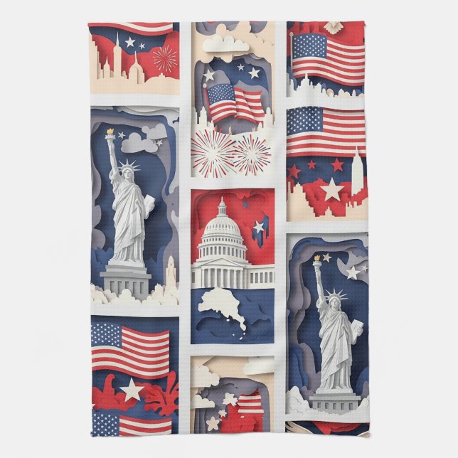 Layered Patriotic Paper Cut Tile Pattern (5) Tea Towel (Vertical)