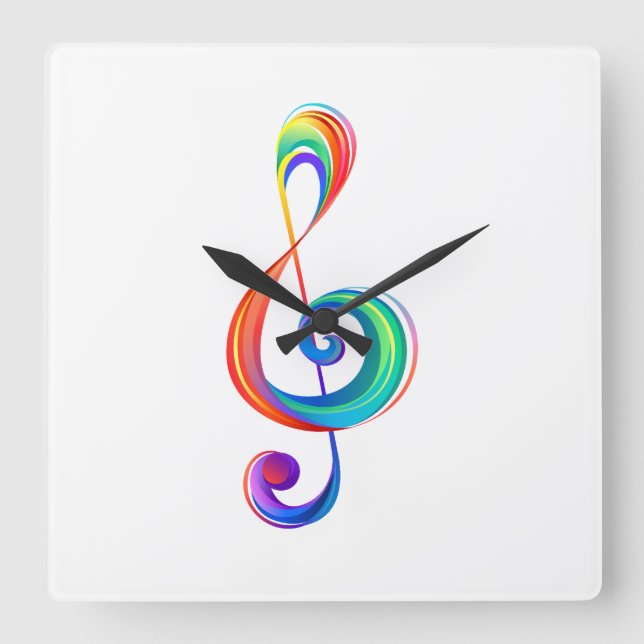 Layered rainbow treble clef square wall clock (Front)