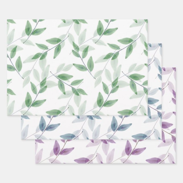 Layered Watercolor Leaves Pattern Wrapping Paper Sheet (Set)