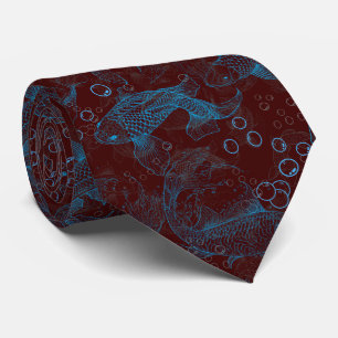 Layering Fishes Pattern 01.blue.b D Red BG Tie