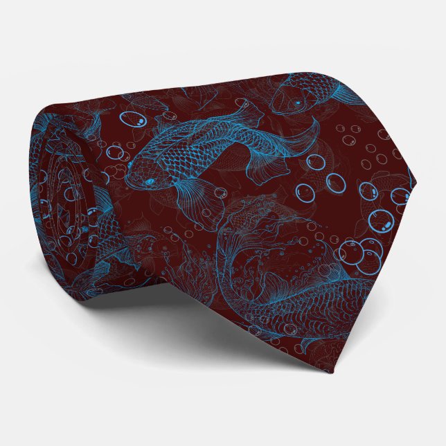 Layering Fishes Pattern 01.blue.b D Red BG Tie (Rolled)