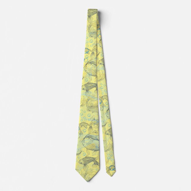 Layering Fishes Pattern 02.Dark blue.b L Yellow BG Tie (Front)