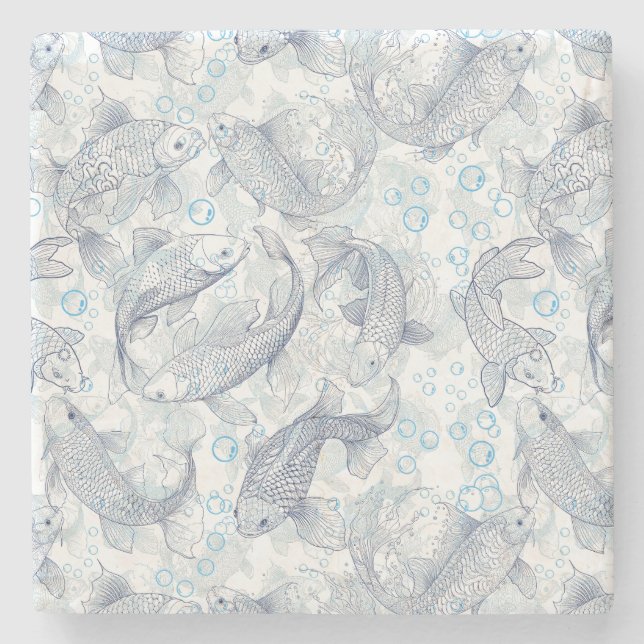 Layering Fishes Pattern 02.Dark blue.b No BG Stone Coaster (Front)
