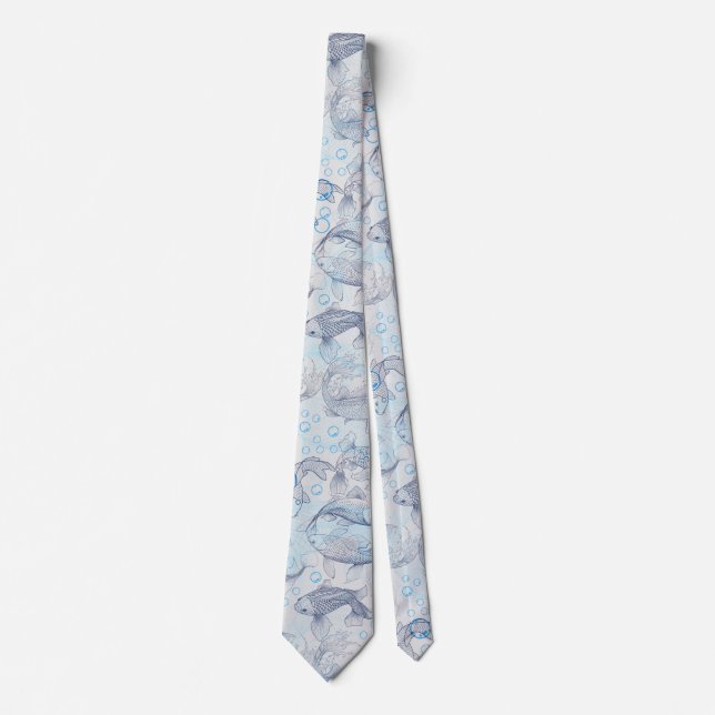 Layering Fishes Pattern 02.Dark blue.b Off whiteBG Tie (Front)