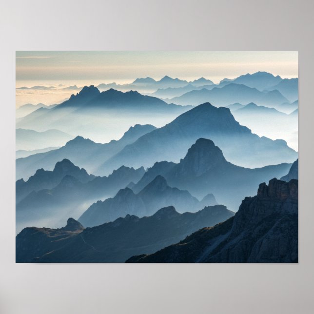 Layers of Serenity: Foggy Mountains at Dawn Poster (Front)