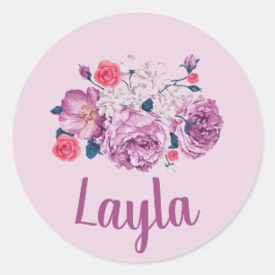 Layla Name Floral Custom Vintage Flower Pink Girl  Classic Round Sticker