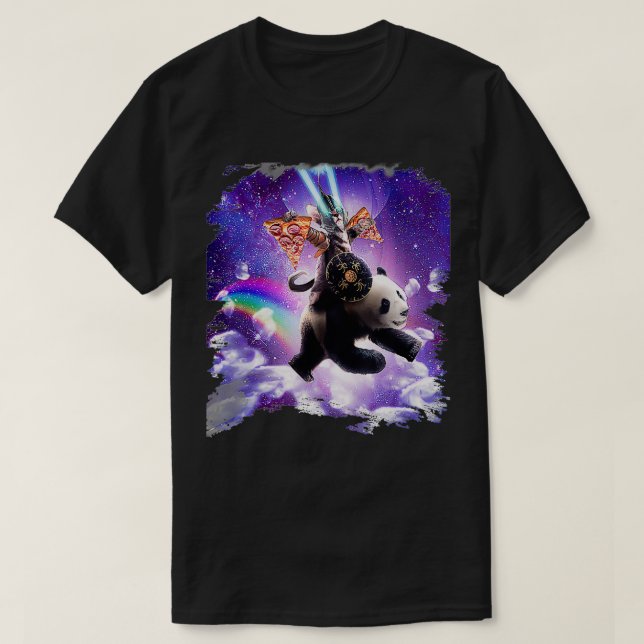 Lazer Warrior Space Cat Riding Panda With Pizza  T-Shirt (Design Front)