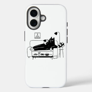 Lazy Black Cat Chilling On Sofa With Snacks iPhone 16 Case