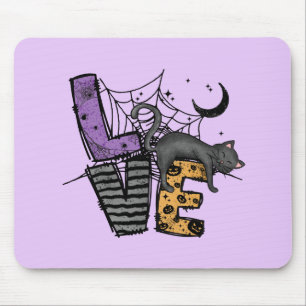 Lazy Black Cat in Spider Web with Love Mouse Mat