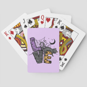 Lazy Black Cat in Spider Web with Love Playing Cards