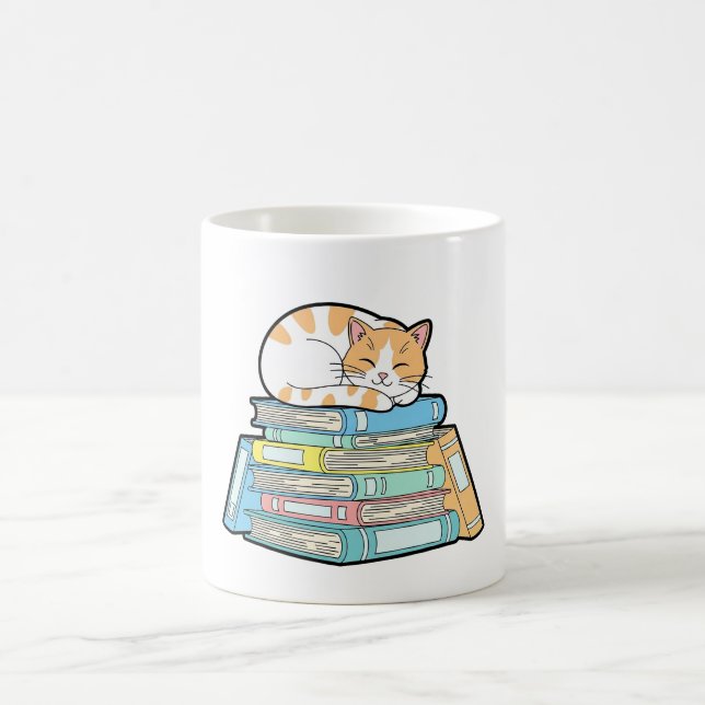 Lazy Cat on Books – Cute Cozy Illustration Coffee Mug (Center)