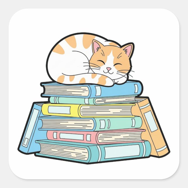 Lazy Cat on Books – Cute Cozy Illustration Square Sticker (Front)