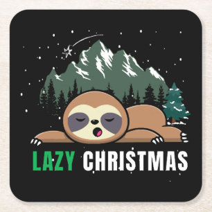 Lazy Christmas Sloth Funny Square Paper Coaster