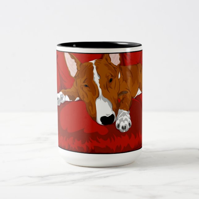Lazy English Bull Terrier Dog Breed Illustration Two-Tone Coffee Mug (Center)