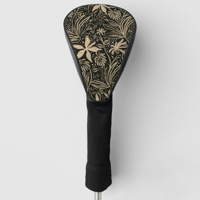 Lazy Floral Pattern in Gold on Black  Golf Head Cover (Front)