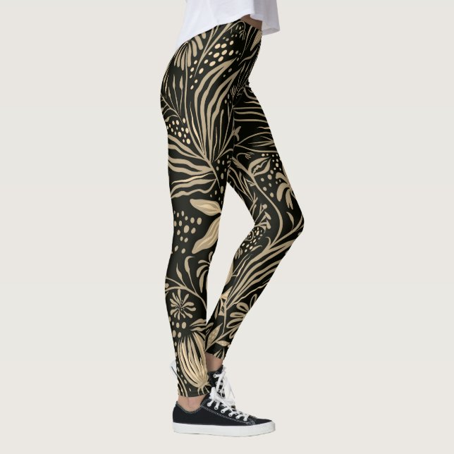 Lazy Floral Pattern in Gold on Black  Leggings (Right)