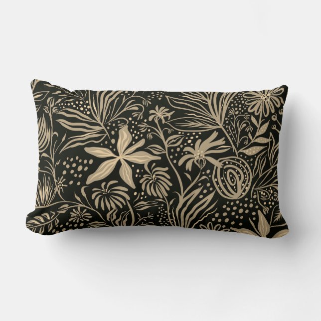 Lazy Floral Pattern in Gold on Black  Lumbar Cushion (Front)