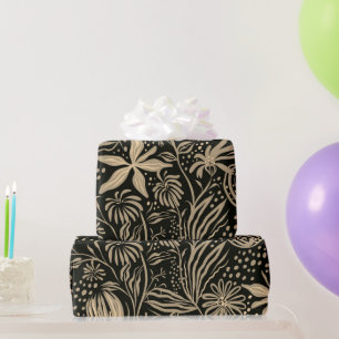 Lazy Floral Pattern in Gold on Black Wrapping Paper