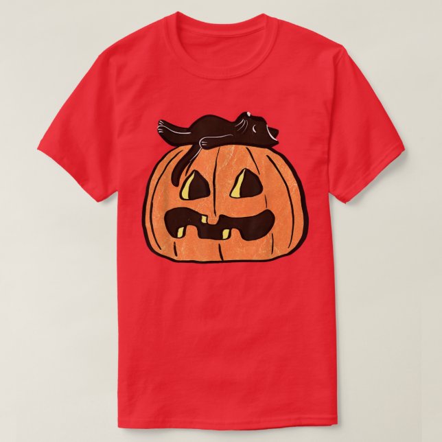Lazy Halloween Black Cat  Orange Jackolantern Pump T-Shirt (Design Front)