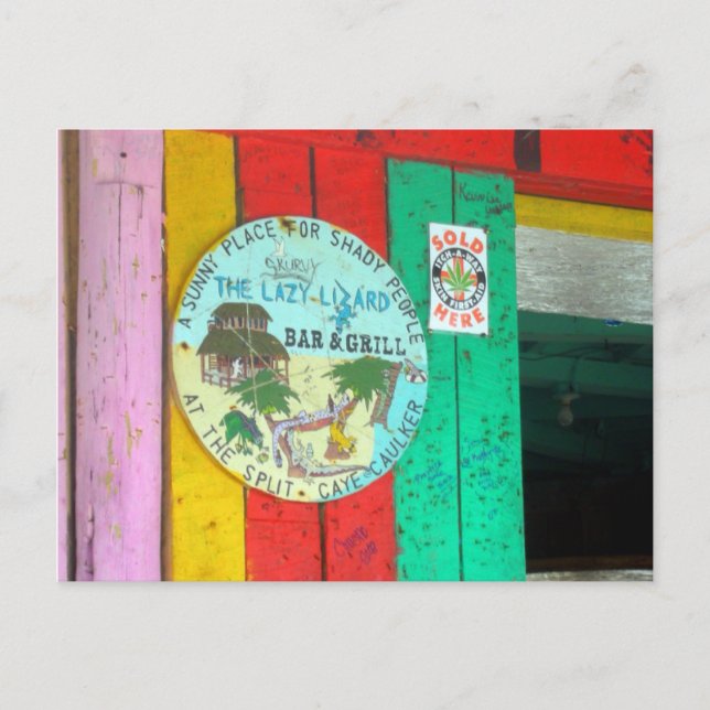 Lazy Lizard Sign on Caye Caukler Belise Postcard (Front)