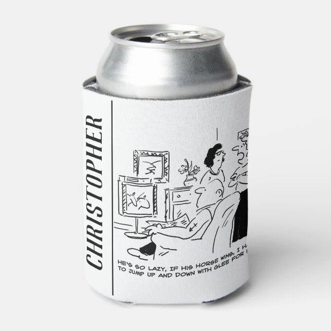 Lazy Man Watches Horse Racing on Television Can Cooler (Can Front)