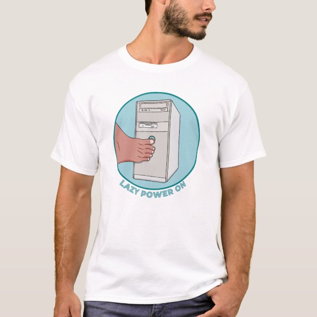 Lazy Power On Retro PC Tower Toe Press Funny Tech T-Shirt (Front)