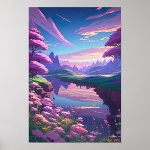 Lazy Purple River, Pink and Purple Flowers Poster