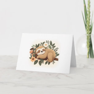Lazy sloth sleeping on a branch cartoon card