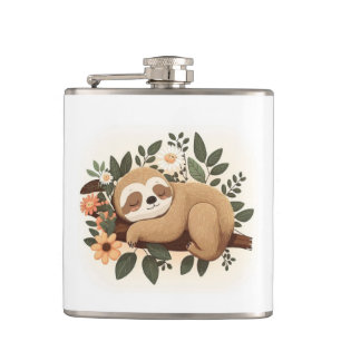 Lazy sloth sleeping on a branch cartoon            hip flask