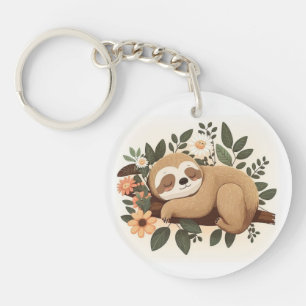 Lazy sloth sleeping on a branch cartoon key ring