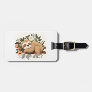 Lazy sloth sleeping on a branch cartoon luggage tag