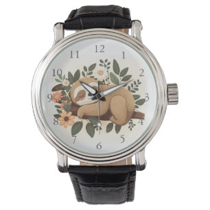 Lazy sloth sleeping on a branch cartoon watch