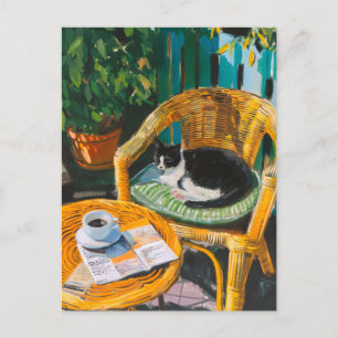 Lazy Sunday Morning Cosy Cat & Coffee Painting Holiday Postcard