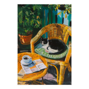 Lazy Sunday Morning   Cosy Cat & Coffee Painting Poster