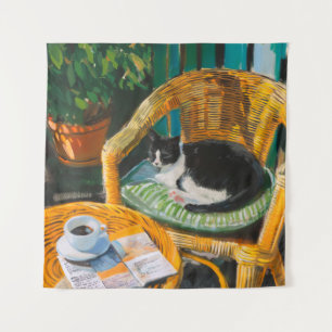 Lazy Sunday Morning Cosy Cat & Coffee Painting Tapestry