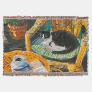 Lazy Sunday Morning Cosy Cat & Coffee Painting Throw Blanket