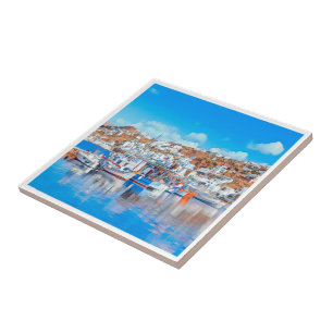 ldp MYKONOS - fishing boats - harbor - panorama Tile