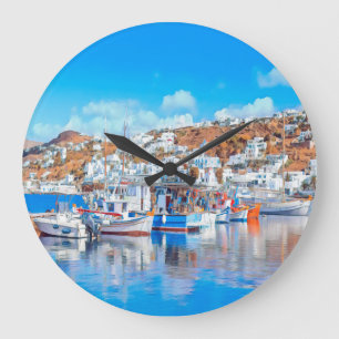 ldp MYKONOS - fishing boats - harbour - panorama Large Clock
