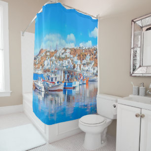 ldp MYKONOS - fishing boats - harbour - panorama Shower Curtain