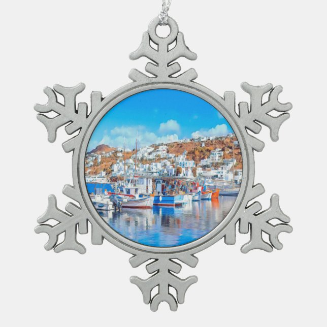 ldp MYKONOS - fishing boats - harbour - panorama Snowflake Pewter Christmas Ornament (Front)
