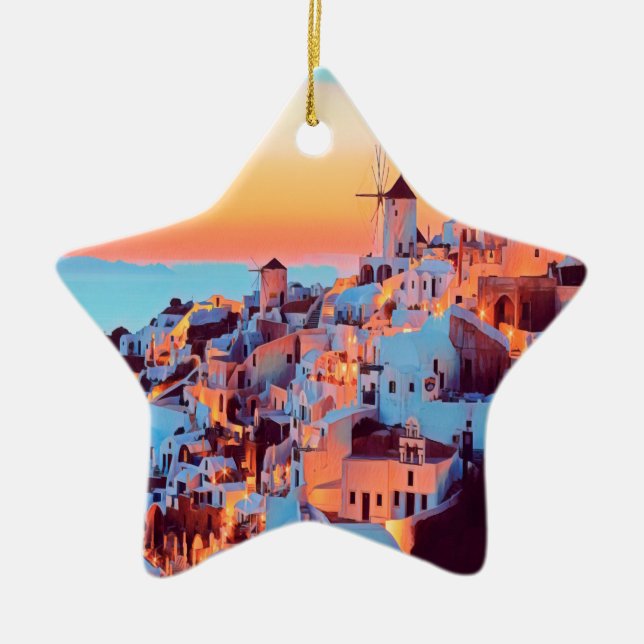 ldp SANTORINI - panorama - by nigth - Ceramic Tree Decoration (Front)
