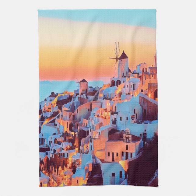 ldp SANTORINI - panorama - by nigth - Tea Towel (Vertical)