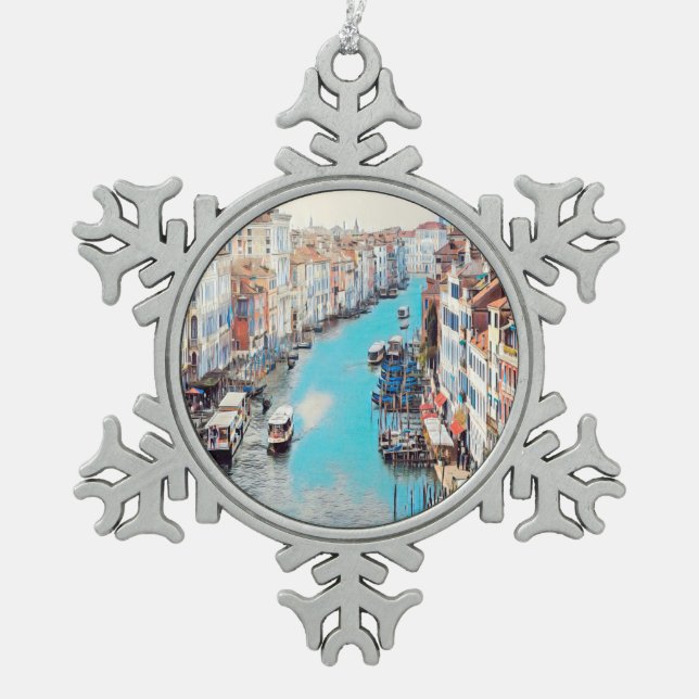ldp VENICE - View of the Grand Canal from Rialto Snowflake Pewter Christmas Ornament (Front)